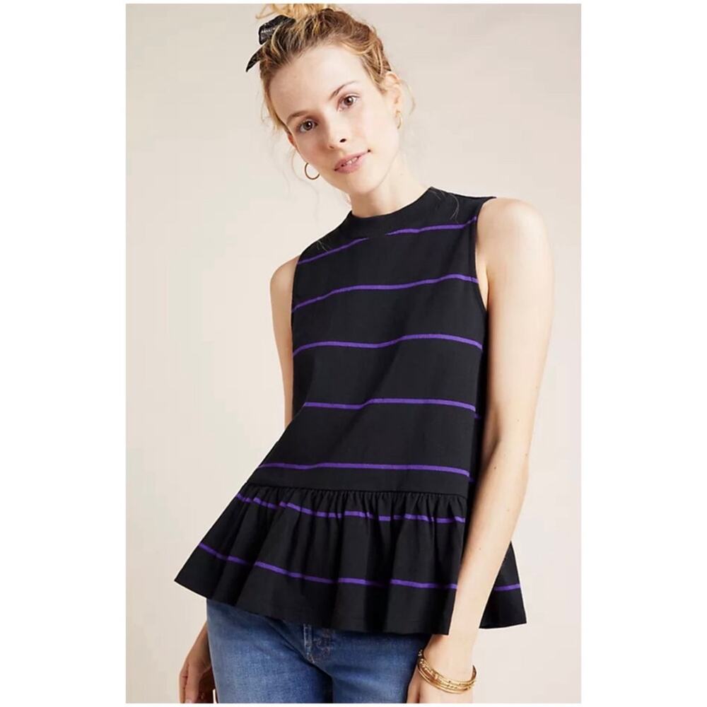 Anthropologie Women’s L Black Purple Stripe Top Sleeveless Ruffle Peplum Hildi